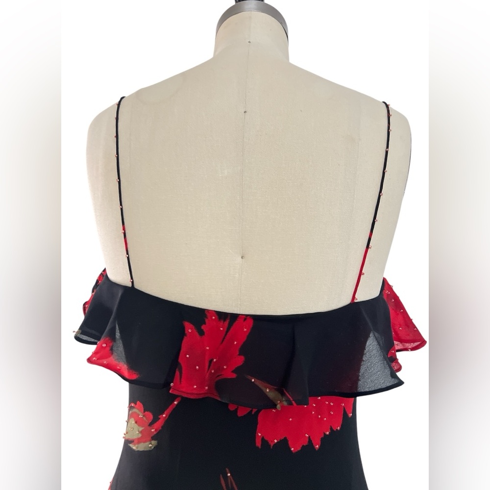 NWT!!! Y2K Sz 0 XS Cache Maxi Slip Dress Black Red Floral Beaded Fairy Ruffles - Picture 9 of 15